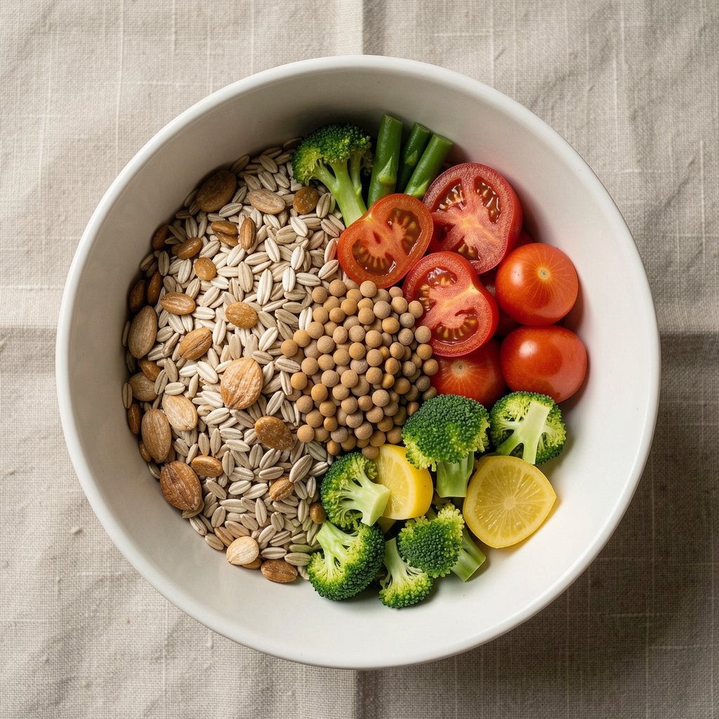 A bowl of mixed whole grains, lentils, and seasonal vegetables photographed from above on a linen surface, natural daylight