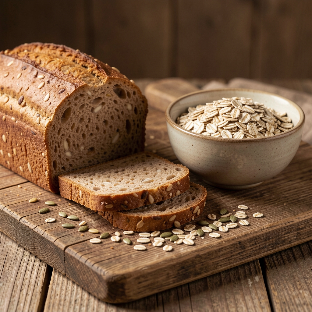 Close-up of sliced wholegrain bread, oats in a ceramic bowl, and a scattering of seeds arranged on a weathered wooden board in warm studio lighting