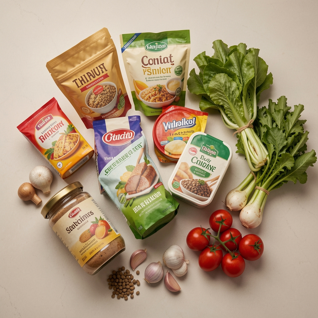 Assortment of packaged foods beside fresh vegetables and unprocessed ingredients on a kitchen worktop, overhead view, neutral background