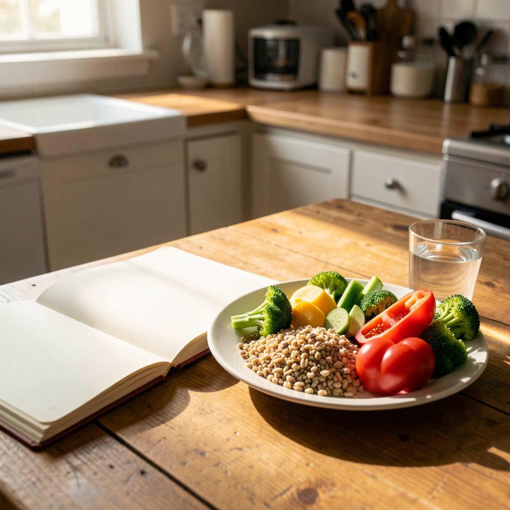 Open notebook beside a plate of whole grains, fresh vegetables, and a glass of water on a wooden kitchen table bathed in morning light