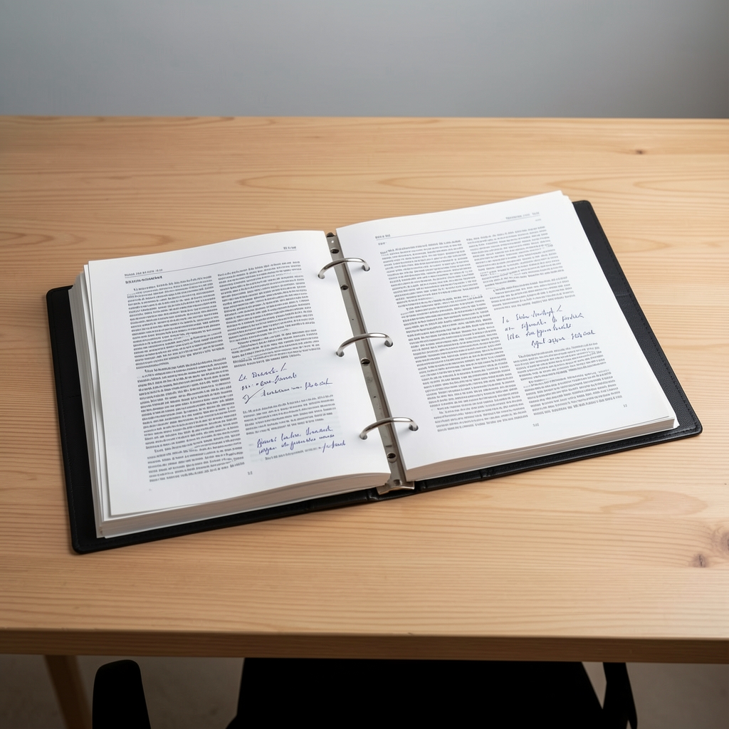 Open archive binder with printed research articles and handwritten editorial notes on a clean wooden desk in controlled studio lighting