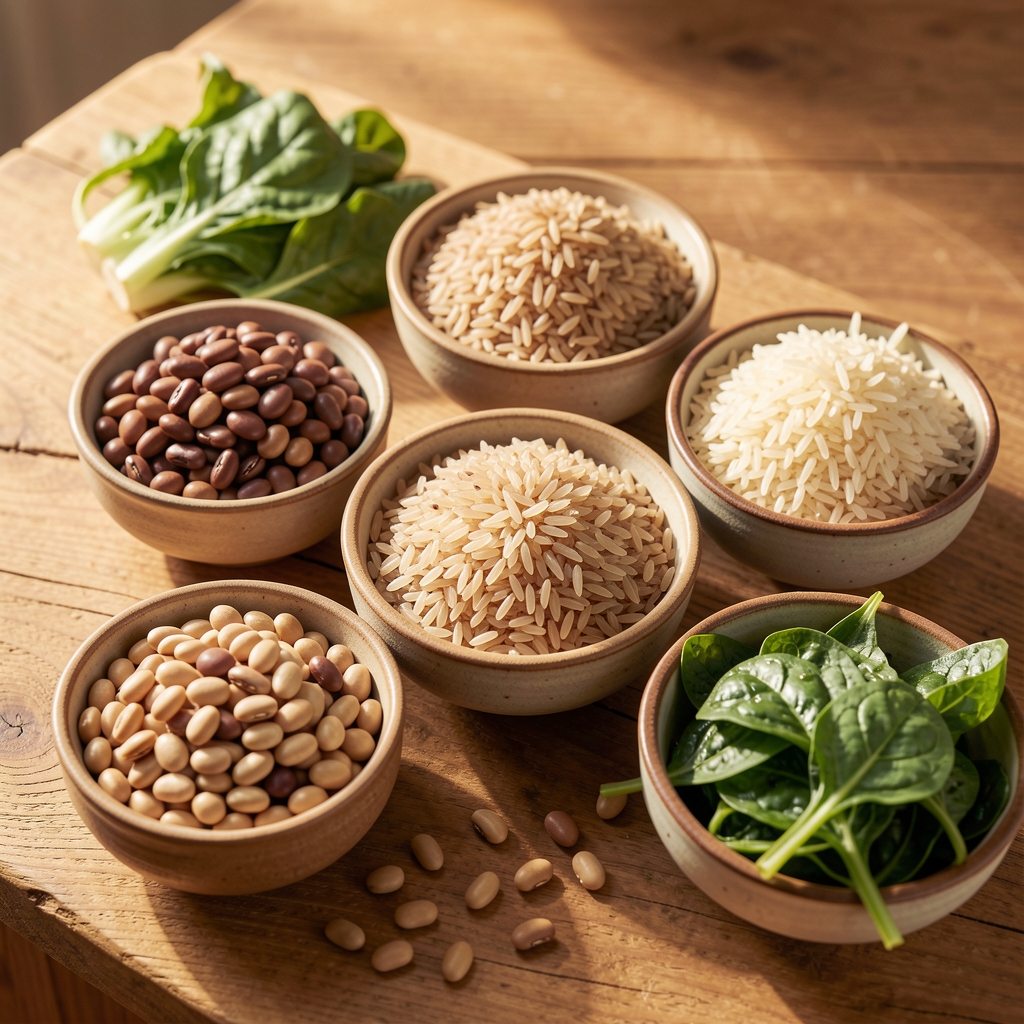 Assorted whole food ingredients including legumes, brown rice, and leafy greens arranged in small ceramic bowls on a natural wood surface under warm daylight