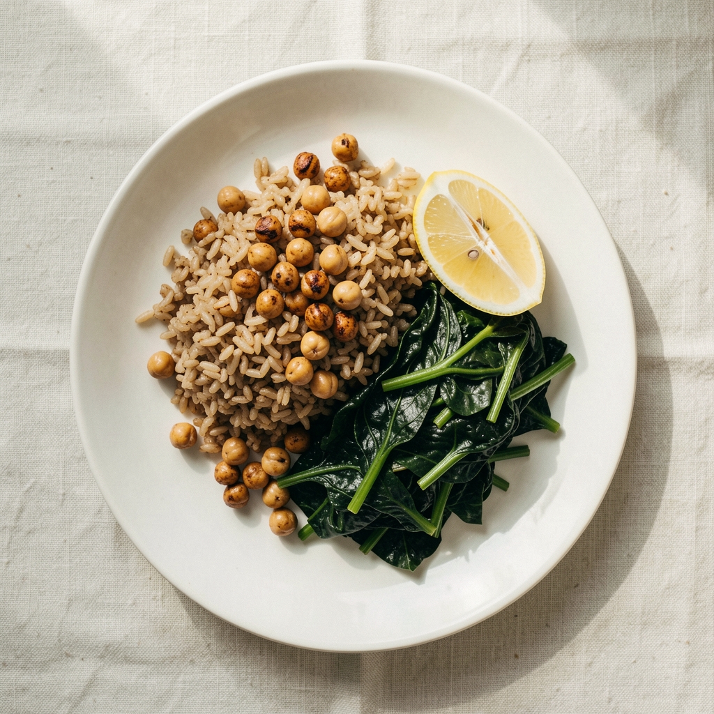 Overhead view of a plate with brown rice, roasted chickpeas, dark leafy greens, and a wedge of lemon, natural light from a window on a cream linen tablecloth