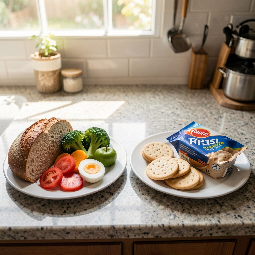 Two plates side by side on a kitchen counter — one with whole grain bread, vegetables and a boiled egg, one with packaged crackers and a processed spread, morning kitchen light